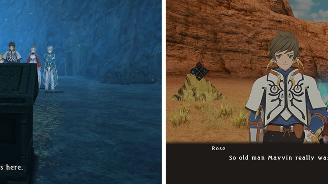 Head to the tomb in Trizolde Cave to hear the story of the woman named Mayvin (left) and then return to a save for a skit (right).