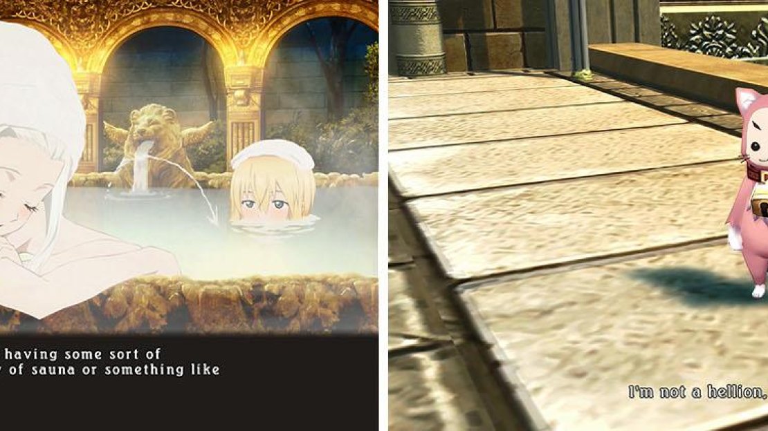 Rest at the Inn for some sauna skits, a mandatory for JRPGs (left) and then head to the alley near Alisha’s to find a katz (right).