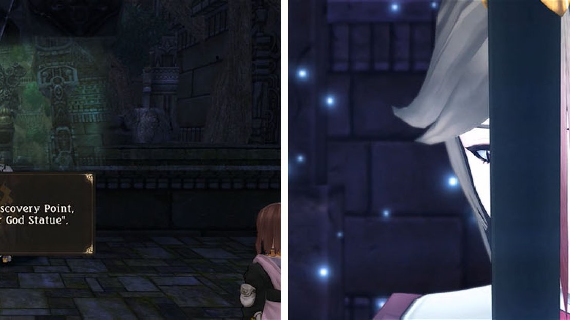 You can finally check the large statue in the ruins for a discovery (left) before entering the ruins to find Muse (right).