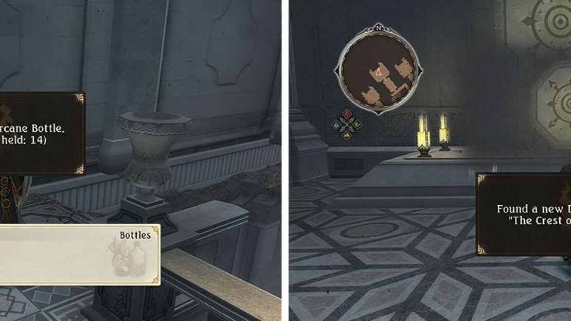 Collect the Arcane Bottle and cross the upper level to find a discovery and skit.
