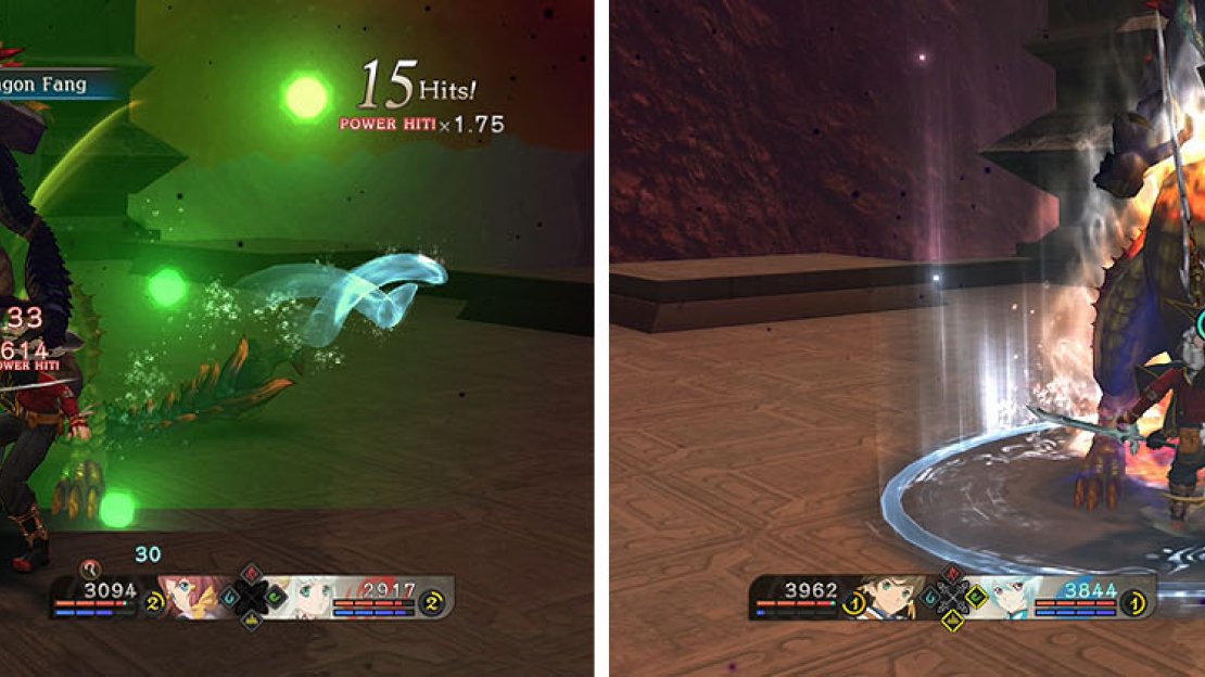 Attack the boss’ weakness with Earth Dragon Fang or Zaveid (left) to keep him staggered and not casting spells (right).