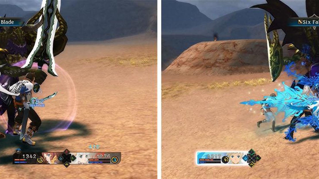 The Dragon Warlock is extremely powerful, with hits that can devastate your party (left). Keep your distance and armatize with Mikleo to exploit its weakness (right).