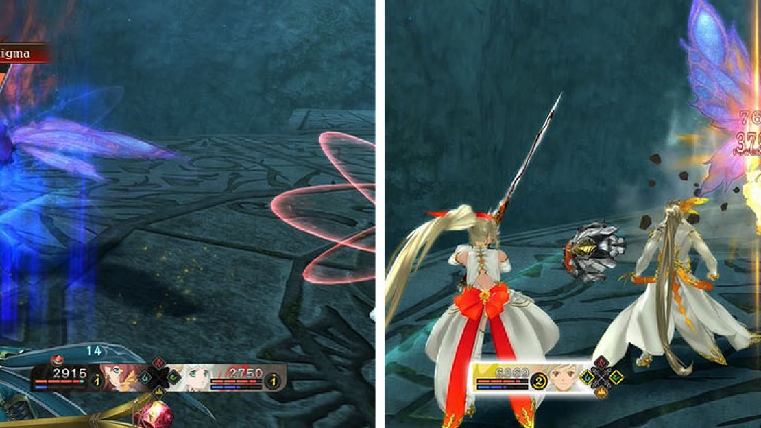 Avoid the deadly Geostigma (left) by armatizing with Edna and laying into her with Earth melee combos, ending in a powerful Scrap Toss (right).