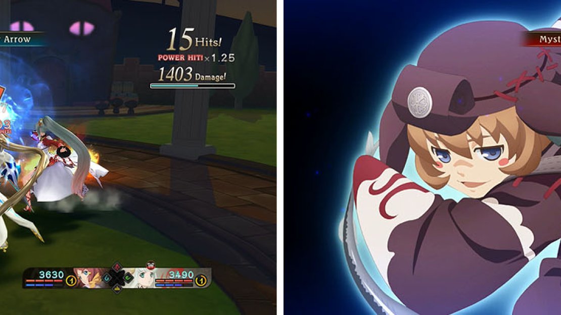 Armatize with Mikleo and use Trinity Arrow from a distance (left) to avoid the Dark Turtlez Mystic Arte (right).