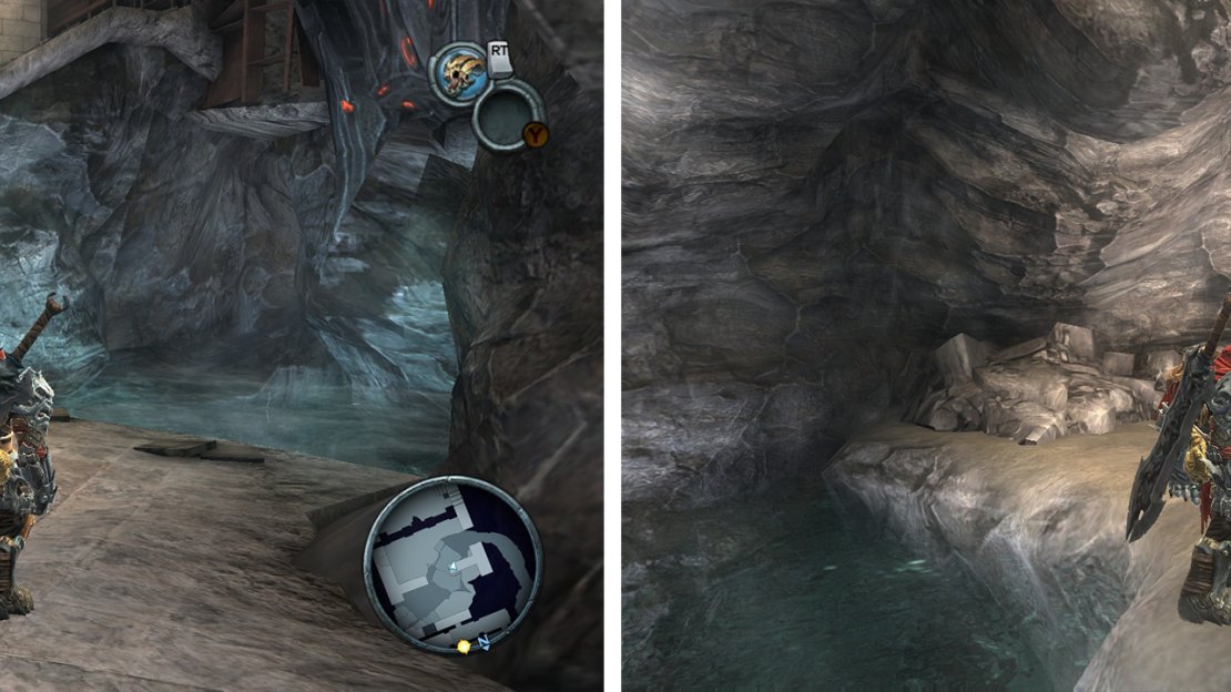 Swim through the pool of water (left) to find a Life Stone Shard (right).