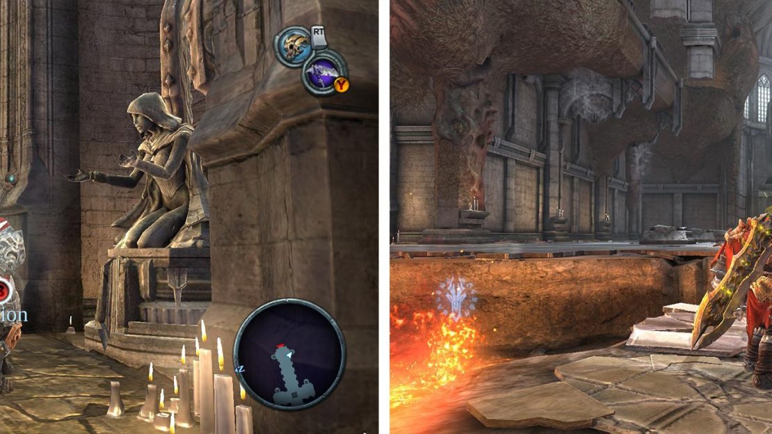 Place the sword into the statue to the right of the door to unlock it (left). Continue across the lava pit (right) and exit through the right hand door.