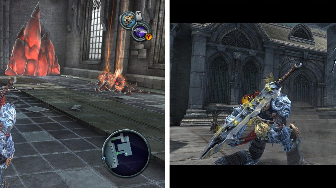 Use the bomb plants to destroy red crystals (left). Push the block off the balcony (right) to open up a new area.