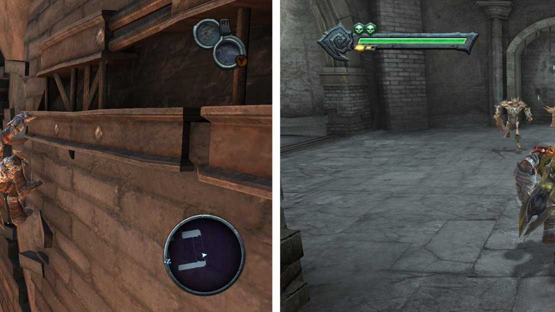 After crossing the gap back jump from the wall to grab the Artefact (left). Clear the room at the end of the hall for the Beholder’s Key (right).