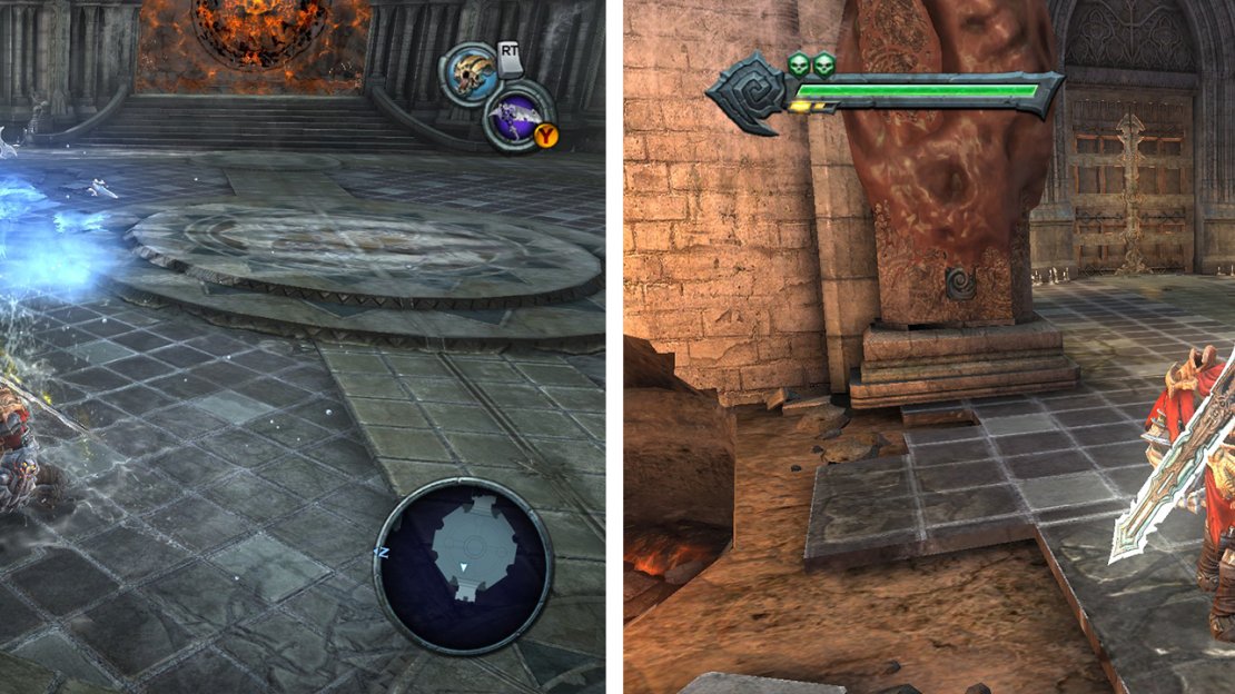 Kill the Iron Giant (left) before grabbing the Crystal Sword. Return to the main building and use the sword on the statue next to the far door (right).