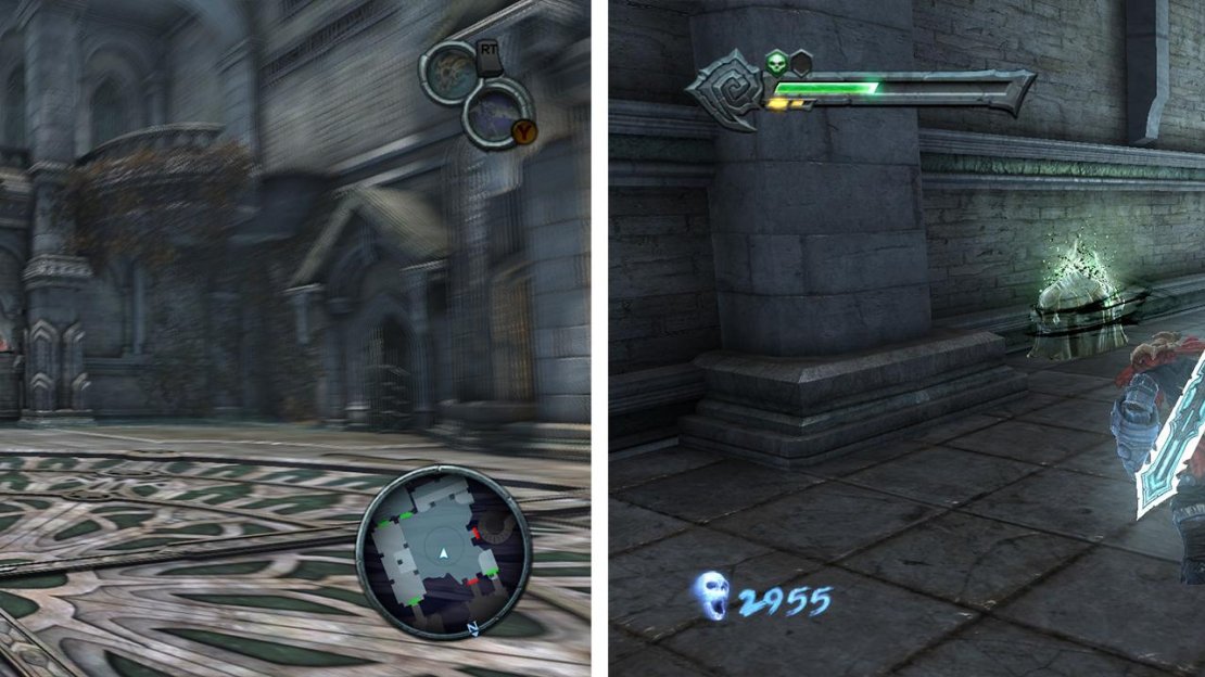 Throw a bomb through the window (left) to reveal a Life Stone Chest (right).