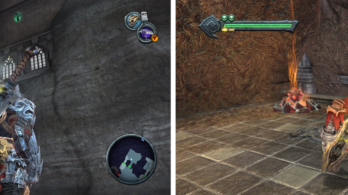 Use the shadowflight geyser to reach the Artefact (left). Use the bomb to hit the Demon Plant to open another new area (right).