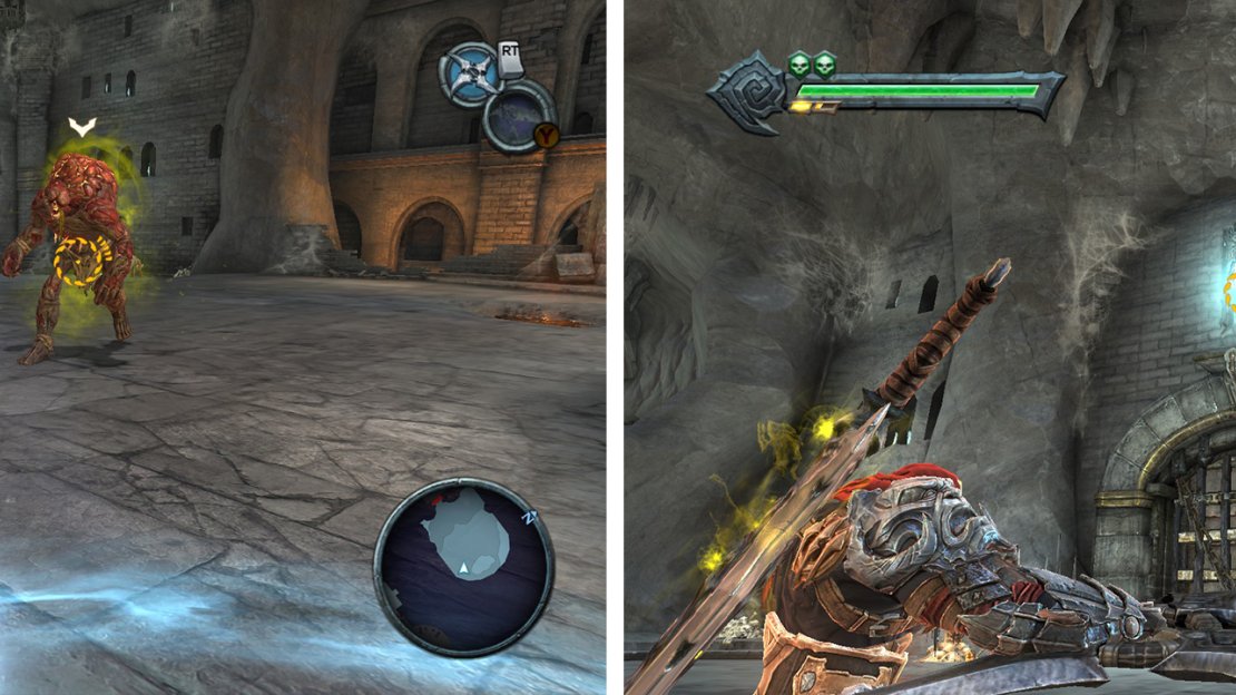 Use the cross-blade to stun the Poison Demon (left). Once it dies, use the Cross-blade on the White crystal to open the door (right).
