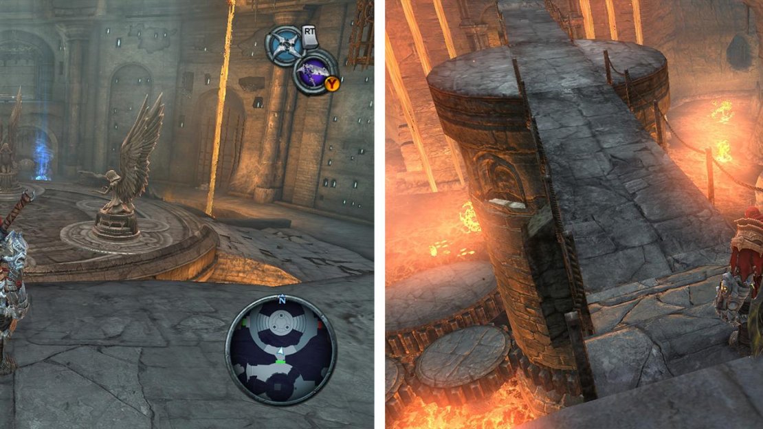 We need three swords to solve this area (left). In the first room, there is an Artefact on a lower platform on the right side of the room (right).