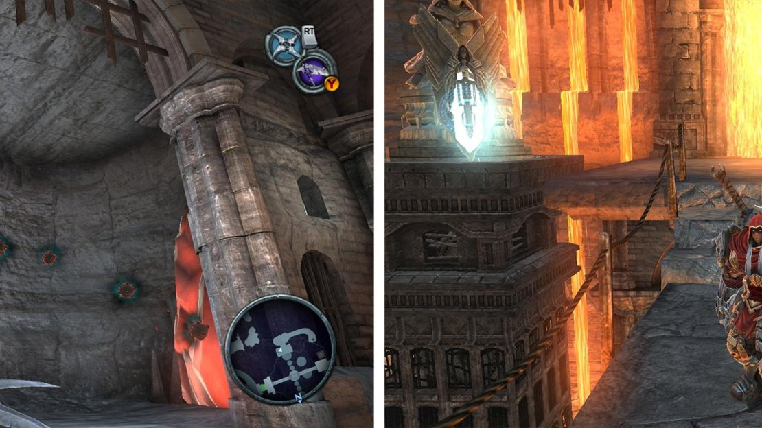 Create a chain of bombs to detonate the red crystal (left). Hit both switches at once at the end of the room (right) to reveal a Crystal Sword.