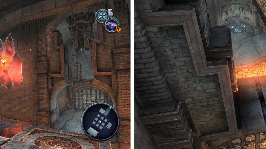 Use the bomb to destroy the red crystal (left). Follow the rope to the end to find the next Crystal Sword (right).