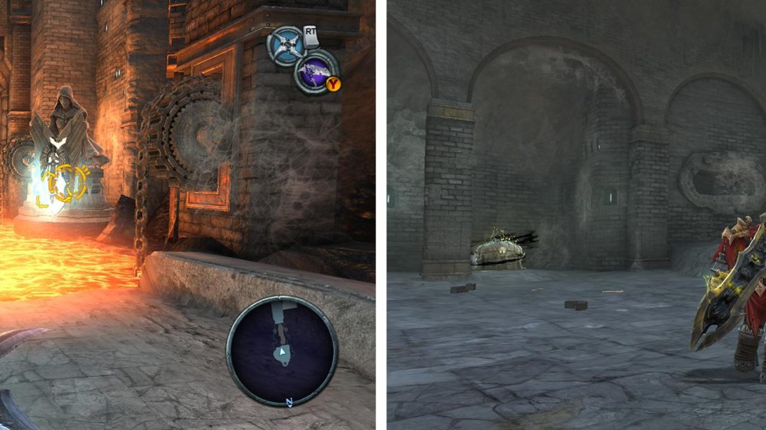 Hit the two crystals with your Cross-blade to create a bridge (left). When you enter the next unlocked door from the main room, kill the enemies before looting the Beholder’s Key and a Wrath Shard (right).
