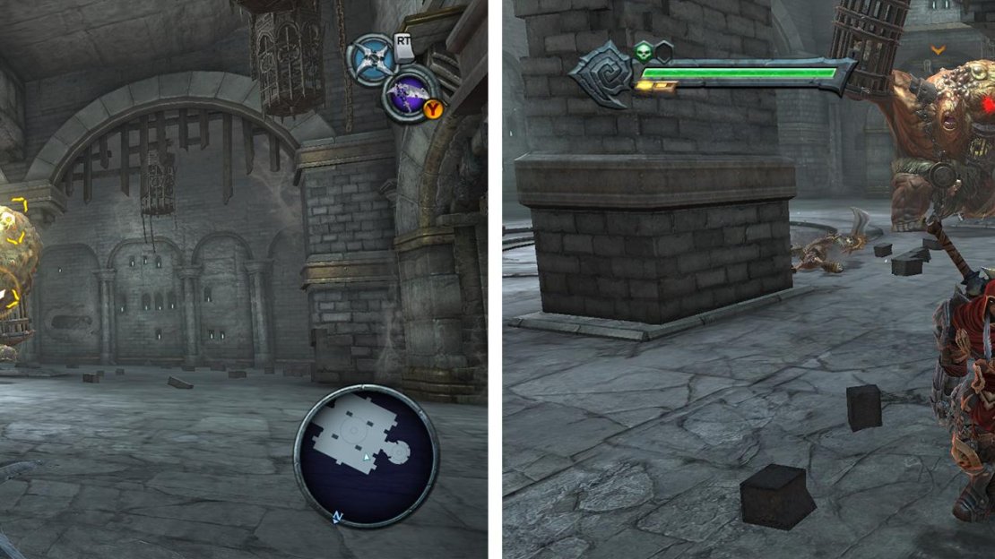 To stun the Jailer lock on and hit all of his sores with the cross-blade (left). Avoid him whilst the sores are red (right).