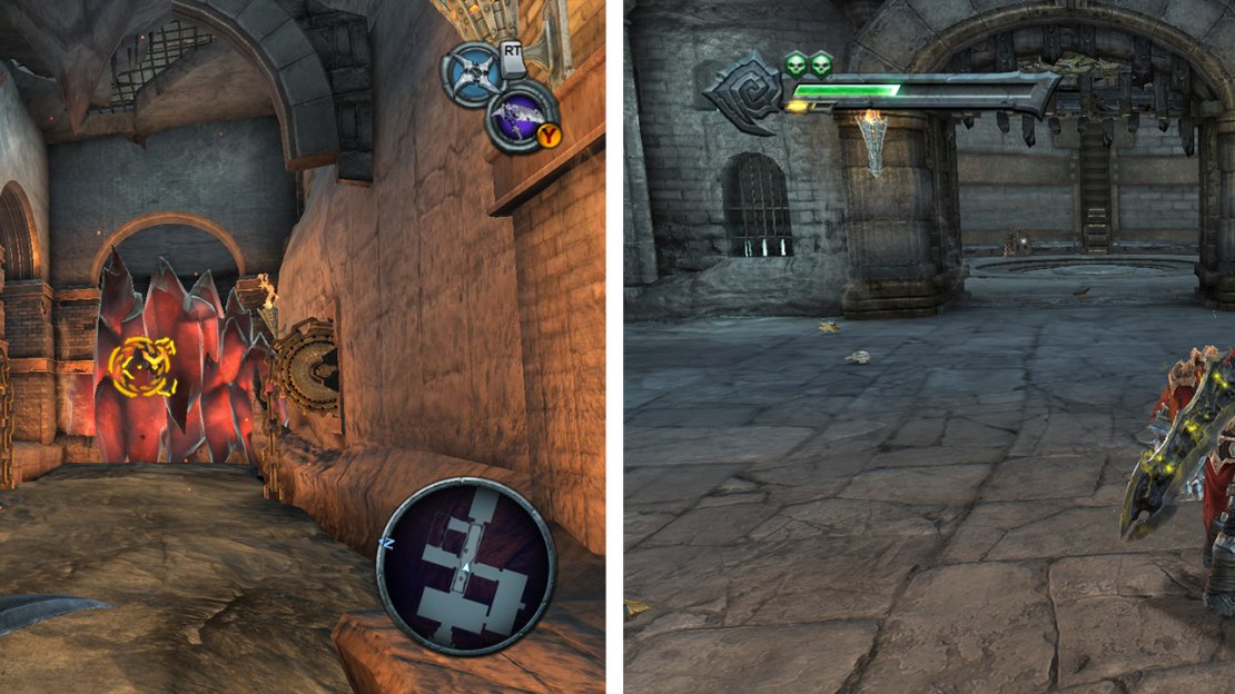 Light the torches and use them to detonate a bomb to remove the red crystal (left). If you light all the torches in the room a chest will appear near the exit (right) with an Enhancement.