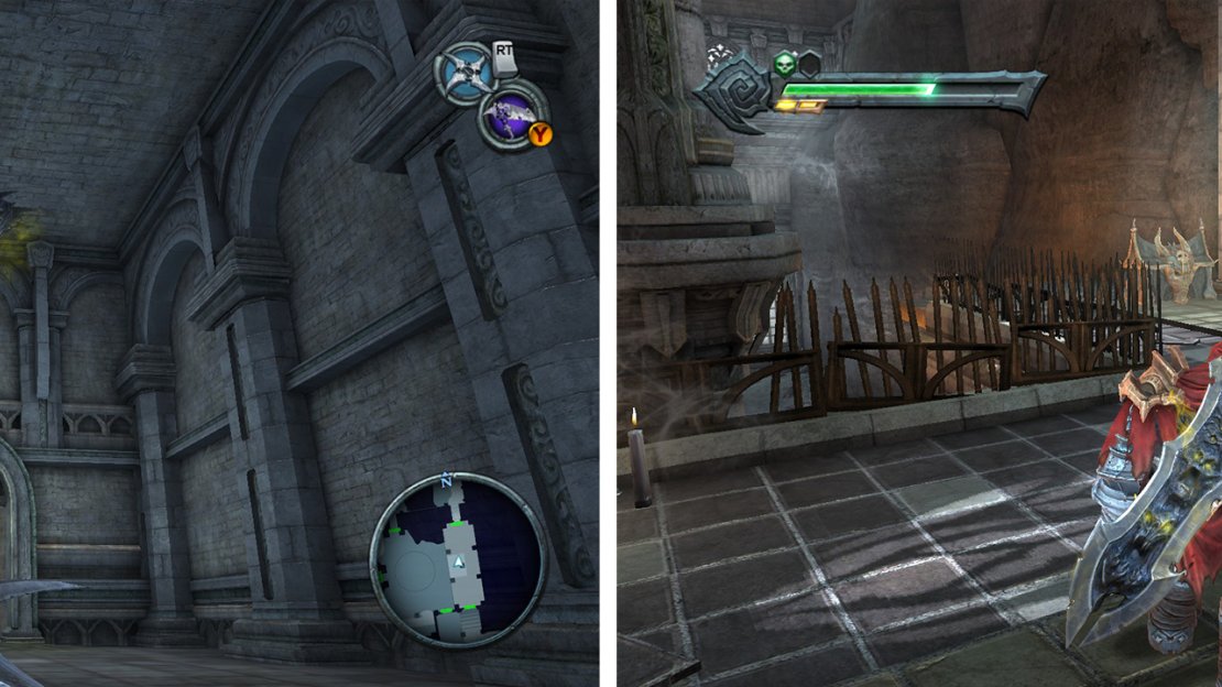 Hit the Demonic Plant with the Cross-blade (left) to enter the door. Inside you’ll find a piece of Abyssal Armour (right), a Wrath Core and a Blue Soul Chest.