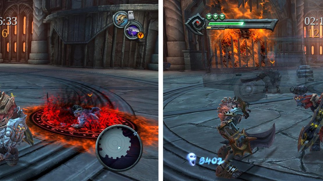 In Challenge 5 keep the soldiers alive by eliminating the enemies closest to them (left). Damage enemies before throwing environmental objects at them during Challenge 6 (right).