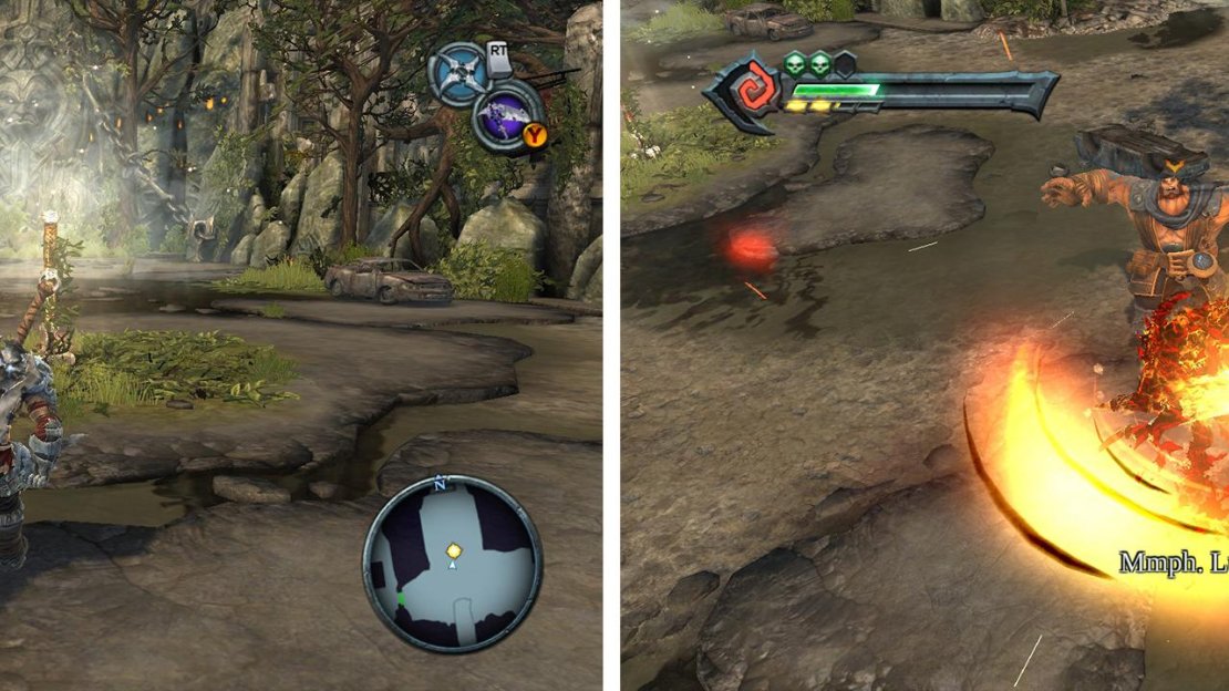 Approach the hammer to trigger a boss fight (left). Enter Chaos Form and attack until the fight ends (right).