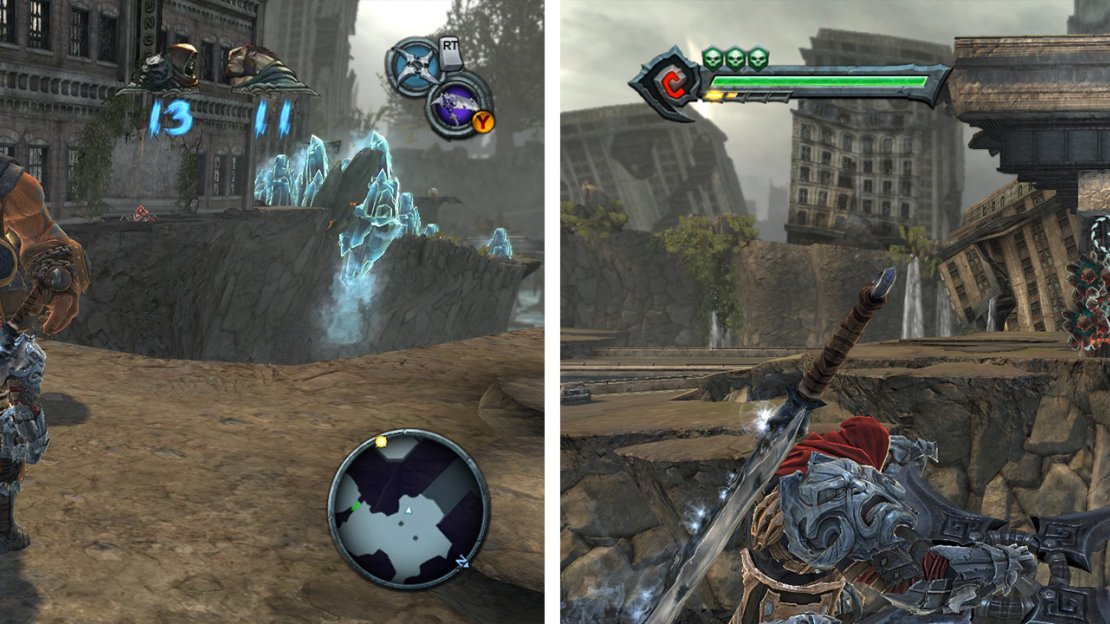 Let Ulthane toss you across the gap (left). Hit the bombs on the bridge to allow Ulthane to proceed (right).