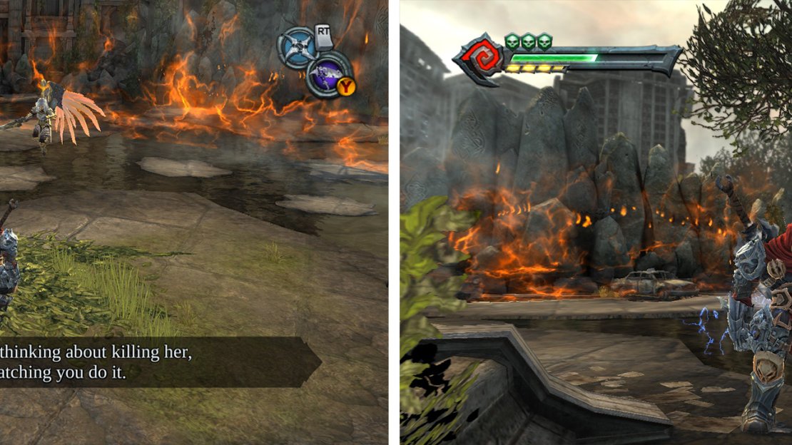 When fighting Uriel, keep your distance and wait for pauses after her attacks (left). You’ll want to avoid her spin drop attack (right).
