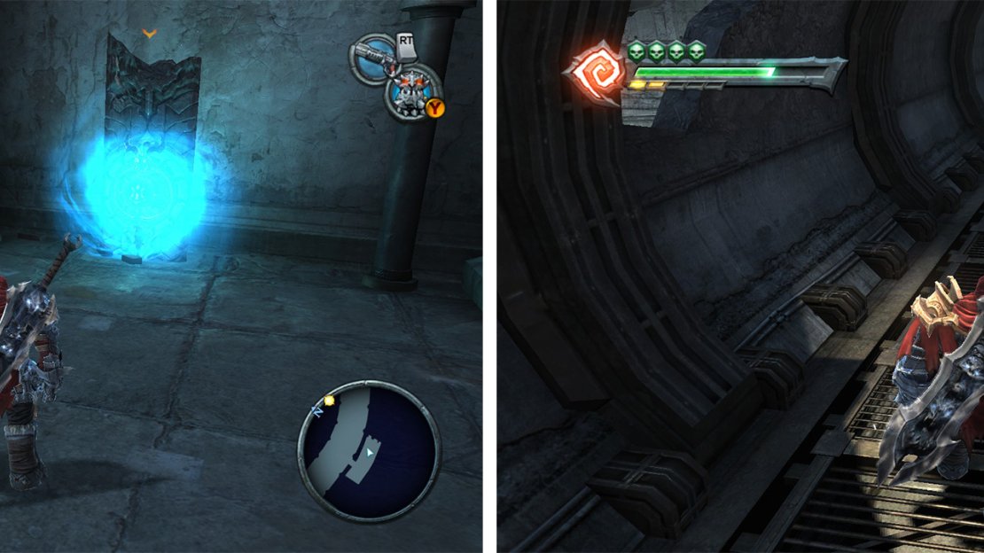 Use the Chronosphere (left) to get through the gate in the tunnel. When you reach the pipe area, look in the dead end for an Artefact (right)