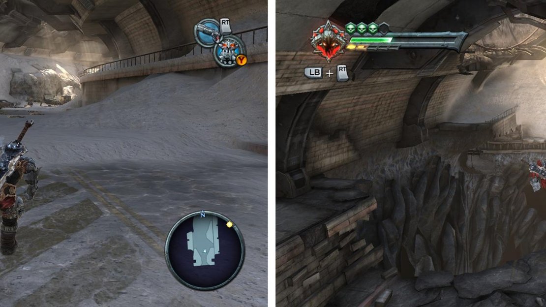 Enter the tunnel (left) and use the Demonic Plant and crate (right) to access the left hand balcony for an Enhancement.