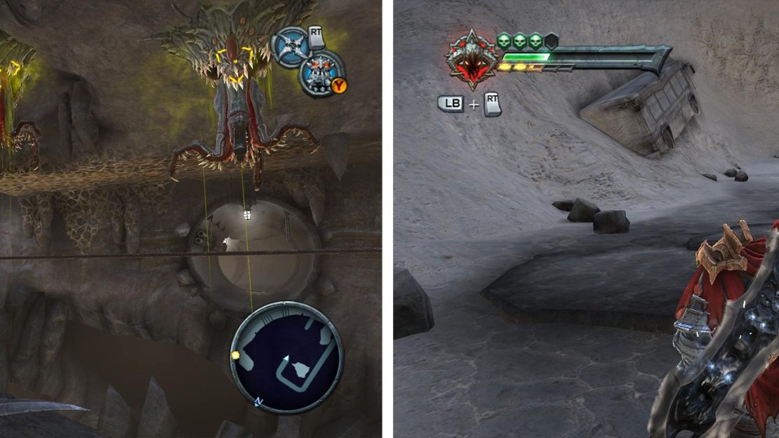 Use the cross-blade to hit all three Demon Plants at once (left) to get across the rope. Upon exiting the next tunnel, look behind you to find some blue crystals (right). Behind these is a Life Stone Shard.