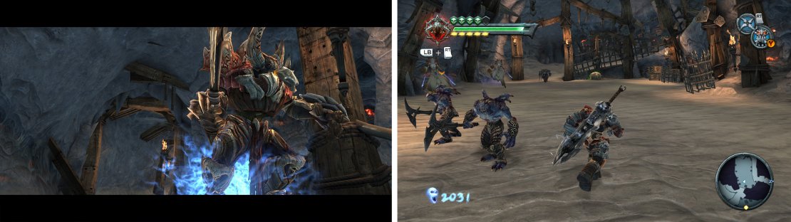 We’ll meet our first Minotaur here (left). Once all the enemies are eliminated, climb the ramp (right).
