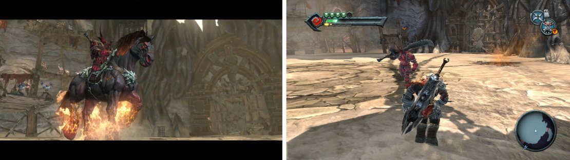 During the first phase, the Arena master will attack from horseback (left). During the second phase, he’ll fight from the ground (right).