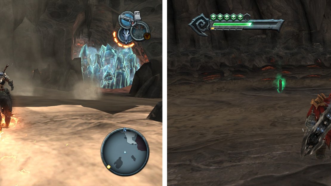 Explore the Ash Lands on horseback and destroy the blue crystals (left) for a Wrath Shard. Use the shadowflight geyser nearby to reach a platform with an Artefact (right).