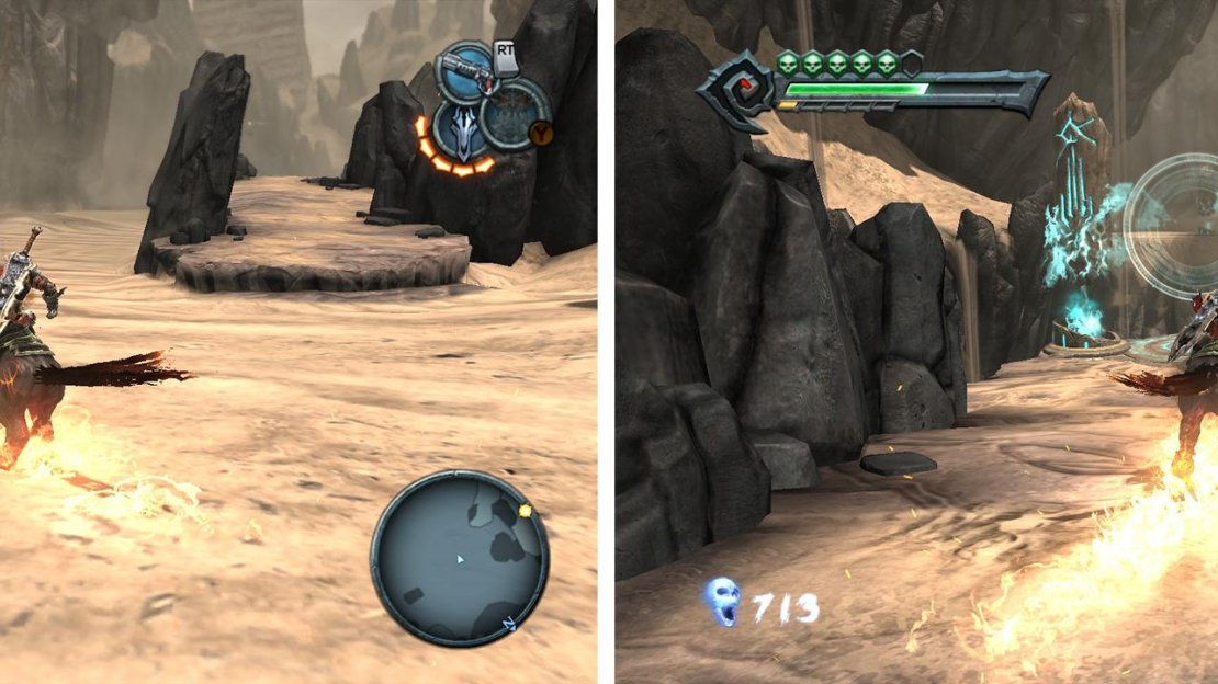 Follow this rocky platform (left) to the end and use the Soul Bridge (right).
