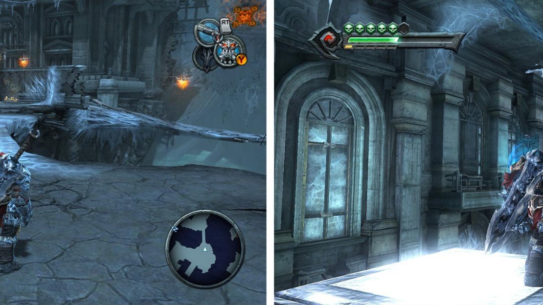 Cross the web bridge (left) and enter the first door. Move the block in here below the rope (right).