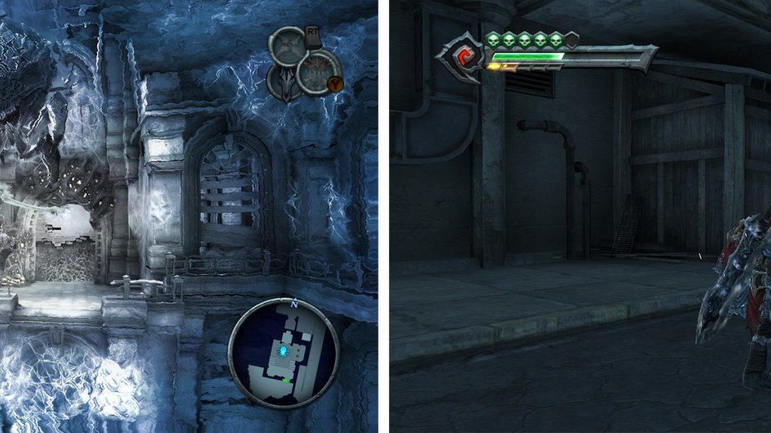 Hit the chronosphere and dash along the rope beneath the spider (left). After the next web bridge smash the wooden wall to the left for a Wrath Shard (right).