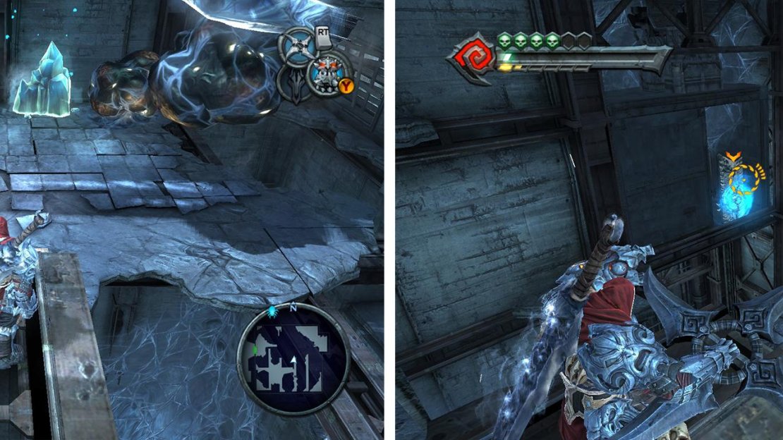 Destroy the blue crystal for a switch to activate a chronosphere (left). Manipulate the tilt on the hanging beams and the chronosphere (right) to access the chests on the far side of the room.