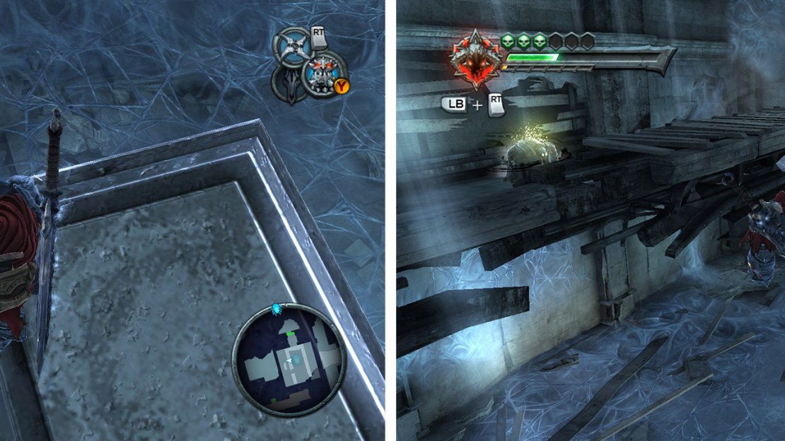 Gather the baby spiders at the base of the block (left) before using Blade Geyser for an achievement/trophy. Use the Demon Plant and the block to access the raised area with a Wrath Shard (right).