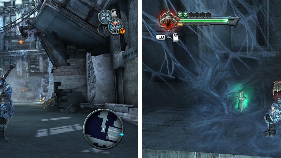 Climb the stairs at the end of the street (left) and float down to an Artefact (right).