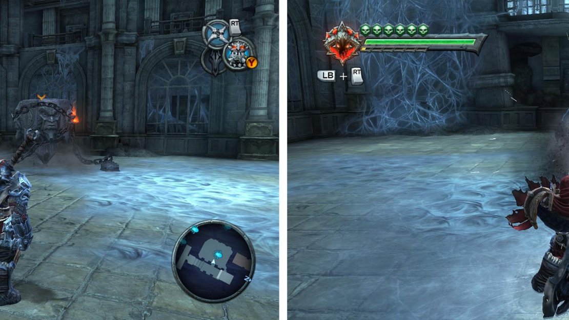 Open the chest (left) for the Abyssal Chain. Use the chain to remove the large spider’s armour (right).