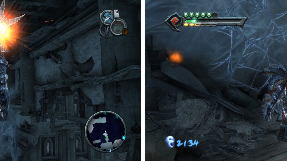 Grapple across the gap (left) and re-enter the previous area to fight another giant spider (right).