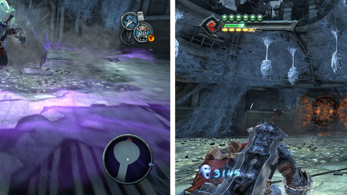 Double jump to avoid the spider’s ground pound attack (left). Attack the weak spot on its back (right) when it is distracted.