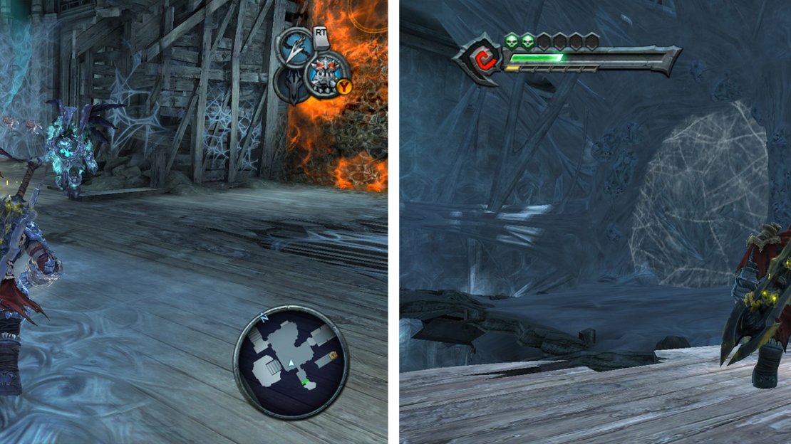 Fight your way back outside (left) and then enter the now unlocked boss door (right).