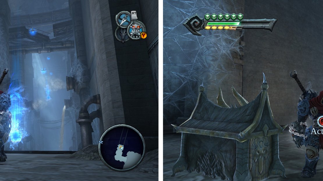 When you reach the large pit (left). Use the first shadowflight geyser to reach a platform above (right) for a Legendary Enhancement.
