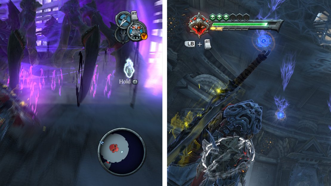 You’ll need to keep dashing to avoid Silitha’s charge and ground slam attacks (left). After she has taken enough damage grapple up to her at the top of the room (right).