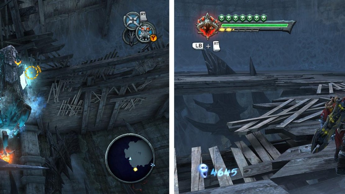 Use the lift (left) to return above the boss area. Look behind some rocks for an Artefact (right).