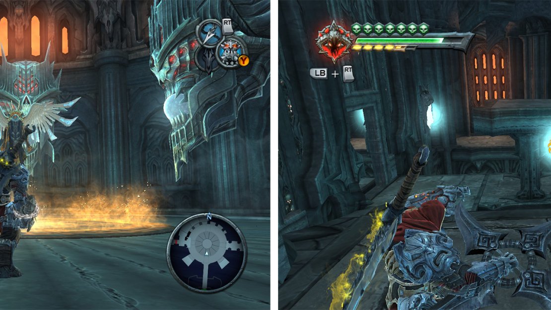 Speak with Azrael (left). In the first room manipulate the crystals to work your way through the room (right).
