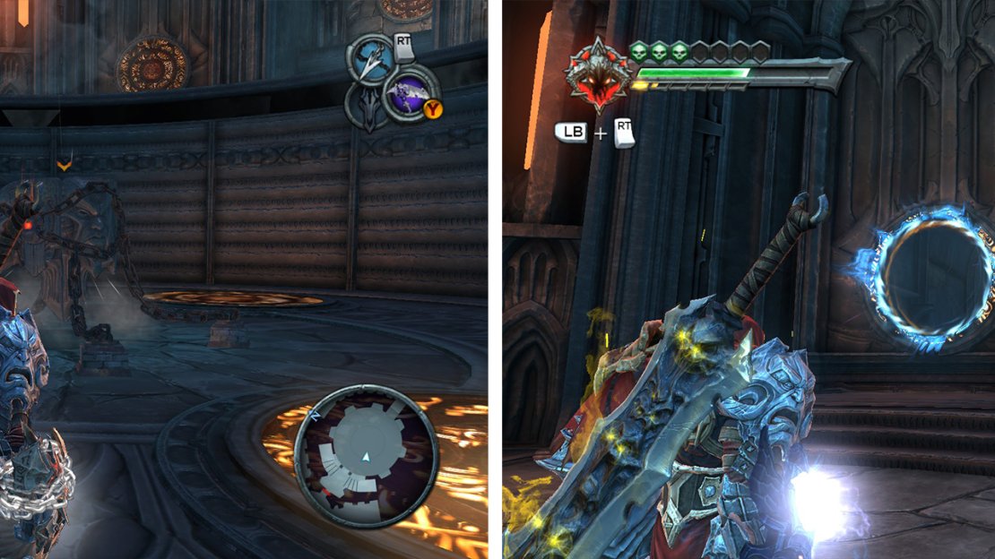 Grab the Voidwalker from the chest (left) and then use it to create portals to reach a higher platform (right).