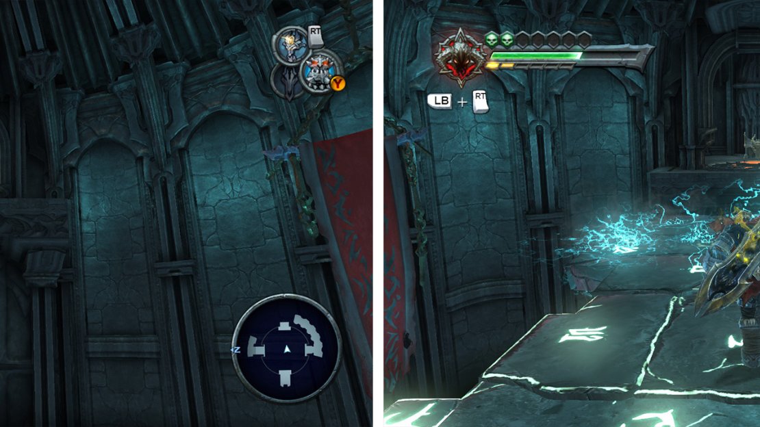 As you cross the bridge, look up to the left and hit the portal pad (left). Once on the upper platform, follow the bridge to the far side for a chest with a Legendary Enhancement (right).