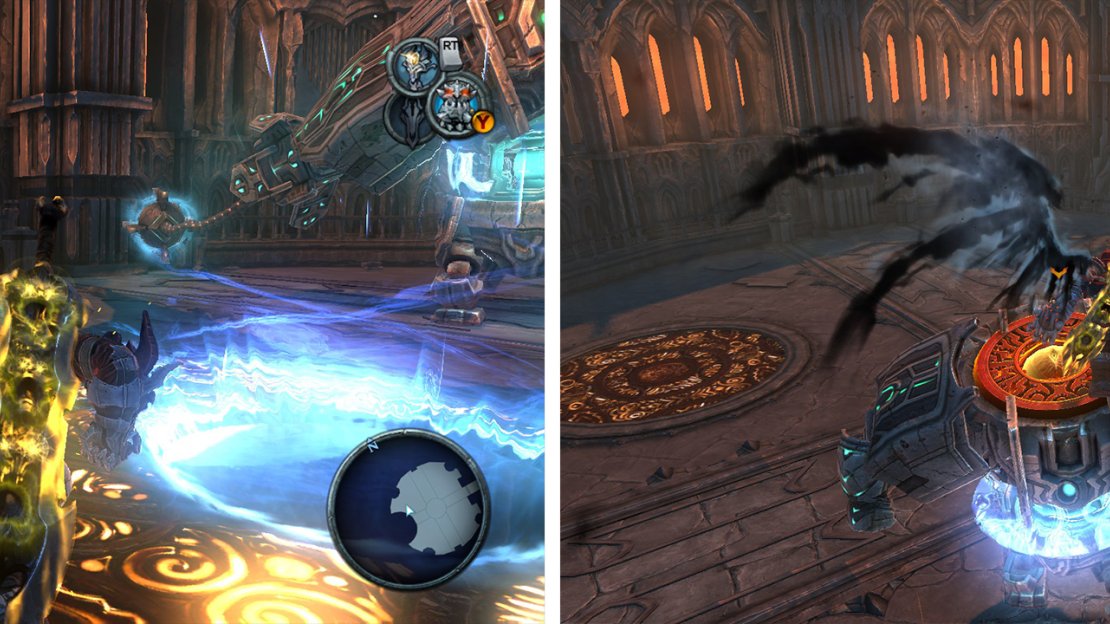 Use the portal pads on the floor (left) to launch yourself and land on the boss’s head (right).
